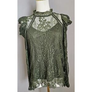 Savannah Jane Green Lace Victorian Long Sleeve Boho Romantic Top Blouse Sz S